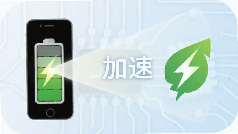光锥加速低功耗运行示意图,画面主体为手机电池图标与绿色节能标识,背景区域为浅色渐变与电路纹理,光锥加速字样以柔和字体呈现于画面中央,整体风格清新简约