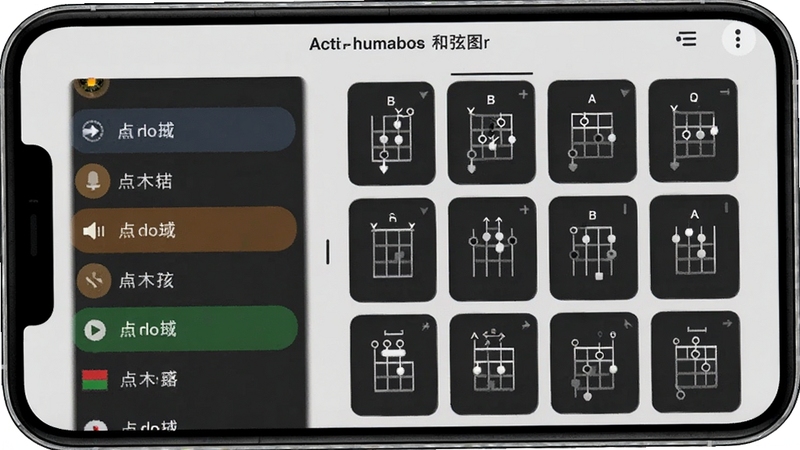 吉他模拟器音色与和弦选择界面,画面展示手机屏幕左侧为音色列表,右侧为和弦图库网格,多个和弦指法图以卡片形式排列,背景为浅灰色极简风格,吉他模拟器软件名称显示在顶部