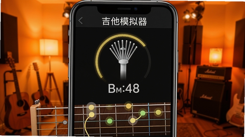 吉他模拟器节拍器与练习模式界面,画面主体为手机屏幕显示节拍器摆锤动画与BPM数字,下方指板上有高亮圆点提示按弦位置,背景为暖橙色练习室氛围,软件名称吉他模拟器位于顶部