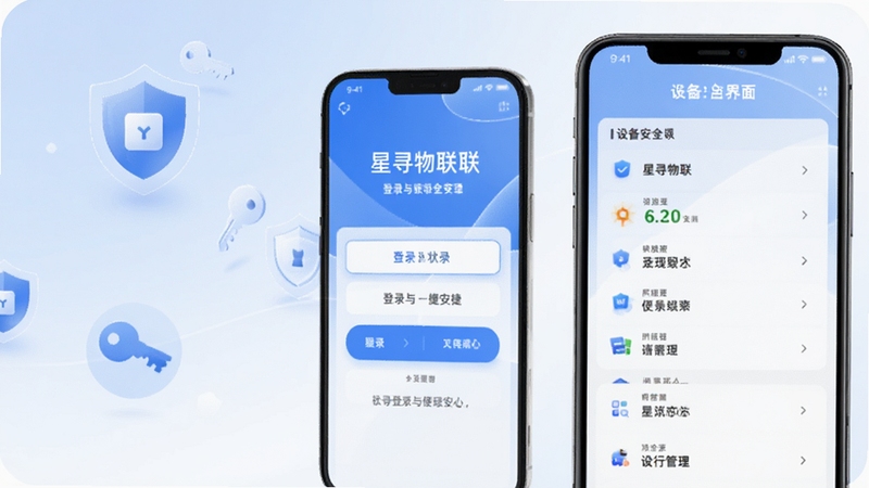 星寻物联登录与账号安全界面,画面展示手机屏幕上的登录状态选项与设备管理列表,背景为柔和的蓝白渐变,有盾牌与钥匙图标点缀,突出安全与便捷登录主题