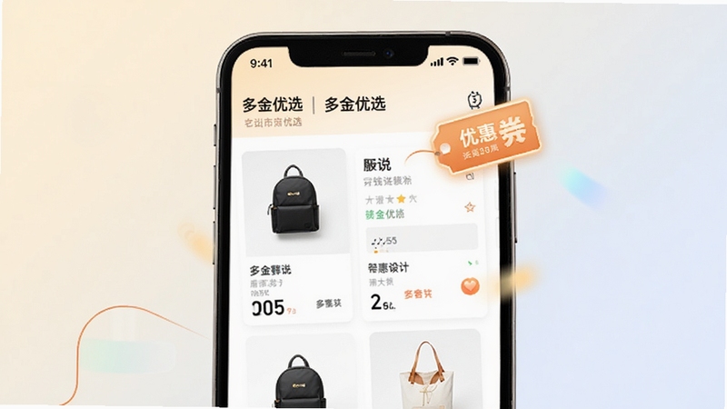多金优选app界面展示,手机屏幕中呈现商品列表与优惠券标签,背景为浅色渐变,整体风格清新简洁,突出购物省钱主题