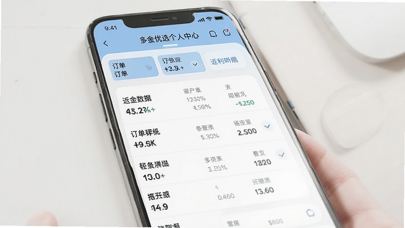多金优选个人中心页面,显示订单列表与返利明细,手机界面设计简洁,配色以白色和浅蓝色为主,突出数据清晰可读