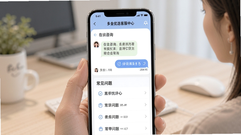 多金优选客服中心界面,手机屏幕显示在线咨询对话框与常见问题列表,界面简洁友好,配色柔和