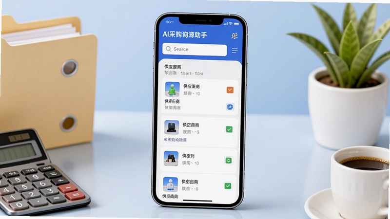 画面中央放置一部智能手机,屏幕显示AI采购询源助手的主界面,上方有搜索框与供应商列表,背景为浅蓝色渐变办公桌面,左侧有文件夹与计算器,右侧有绿植与咖啡杯,整体风格简洁商务,光线柔和,适配Boogu模型生成。