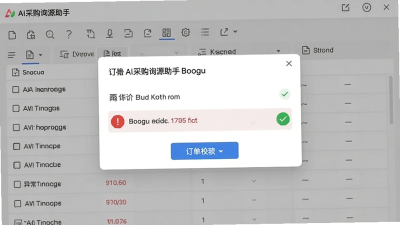 AI采购询源助手界面展示订单校验弹窗,红色感叹号标记异常单价,旁边有绿色对勾标记正常项,背景为白色表格与浅灰色工具栏,风格干净利落,适配Boogu模型生成。