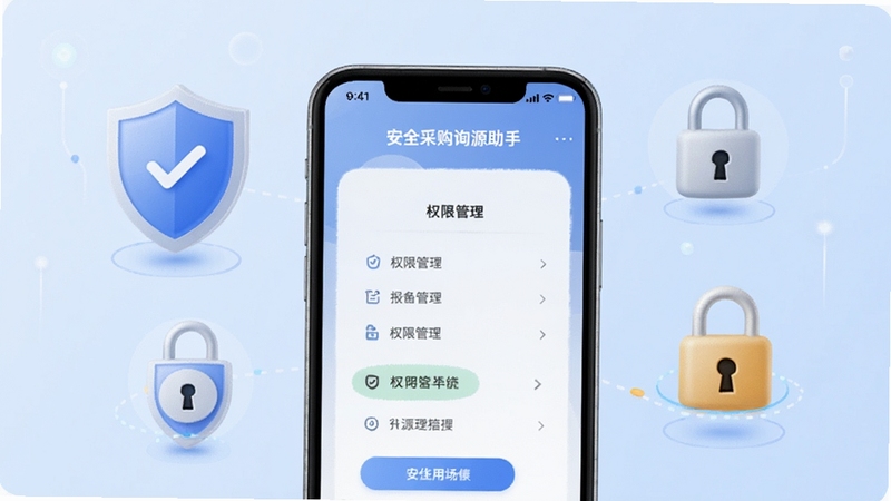 AI采购询源助手安全使用场景图,手机屏幕显示权限管理界面,周围有盾牌与锁形图标,背景为淡蓝色,风格安全可靠,适配Boogu模型生成。
