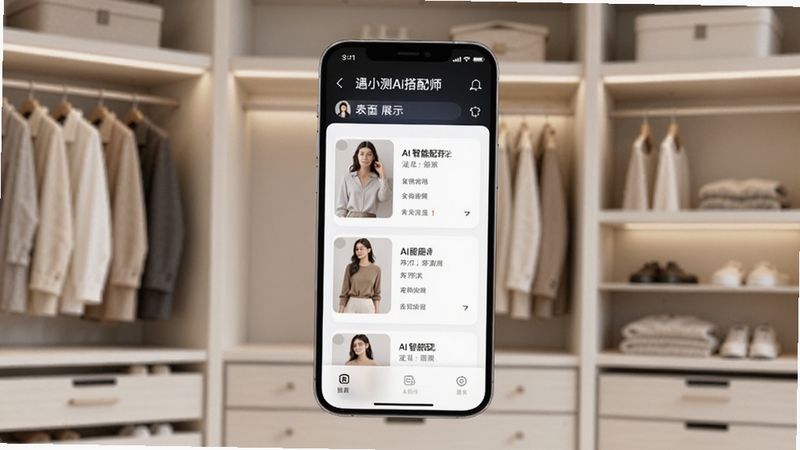 遇小测AI搭配师主界面展示,画面中央为手机屏幕,屏幕内显示AI智能搭配推荐列表,背景为浅色简约衣橱场景,柔和光线,高清晰度,科技感与生活感融合
