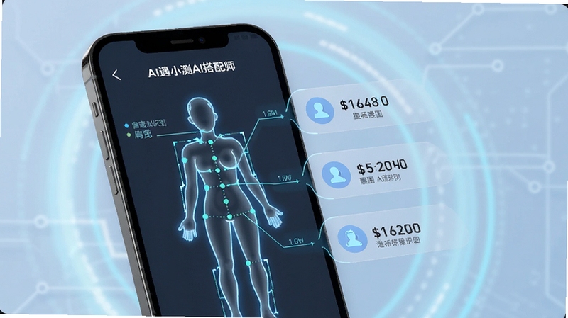 遇小测AI搭配师AI身材识别功能界面,画面展示手机屏幕中人物轮廓被数据线条标注,旁边浮动显示肩宽腰围等数值,背景为淡蓝色科技光晕,简洁现代风格