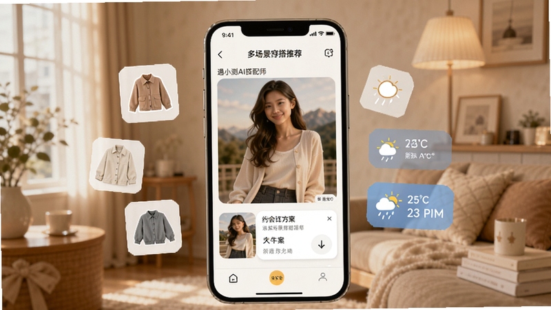 遇小测AI搭配师多场景穿搭推荐界面,画面中央为手机显示约会场景搭配方案,屏幕旁漂浮着衣物单品图标与天气信息,背景为暖色调室内环境,温馨明亮