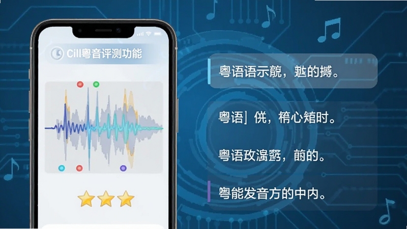 Chill粤发音评测功能界面,手机屏幕展示发音波形图与评分星级,旁边有粤语示例词句,背景为淡蓝色科技感线条,突出智能评测