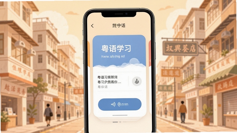Chill粤应用主界面展示,手机屏幕中央呈现粤语学习卡片与发音按钮,背景为柔和暖色调的香港街景插画,画面简洁清新,突出学习氛围