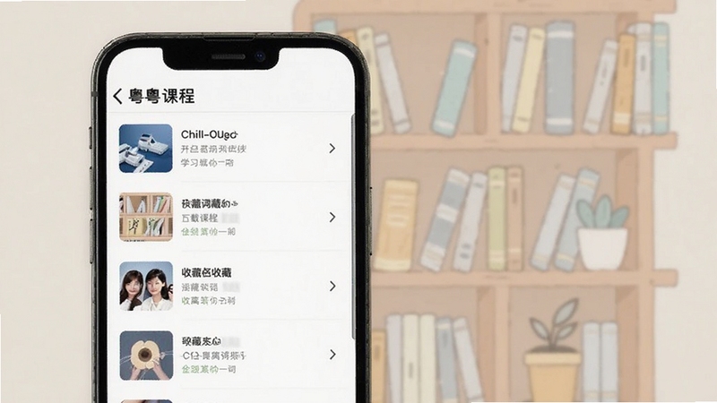 Chill粤离线学习与收藏夹界面,手机屏幕展示已下载课程列表和收藏的词句卡片,背景为简约书架插画,色调柔和