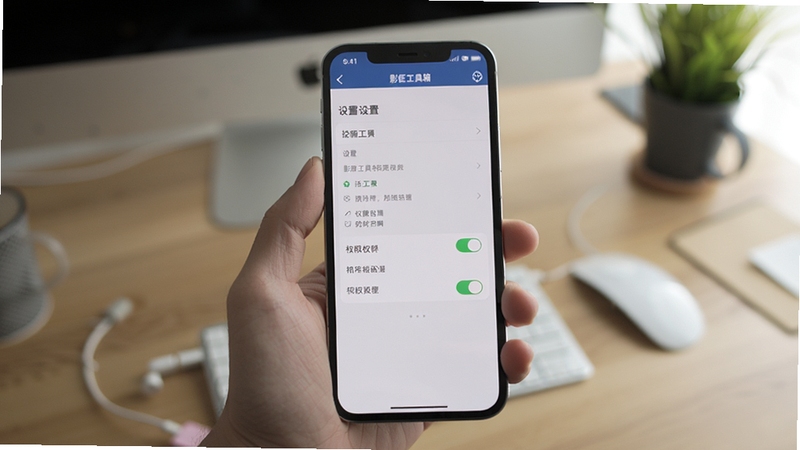 影匠工具箱移动端使用操作示意图,画面展示一只手拿着手机,手机屏幕中显示影匠工具箱的设置页面与权限开关,背景为室内桌面环境,有轻微景深效果,整体风格真实自然,适配Boogu模型生成