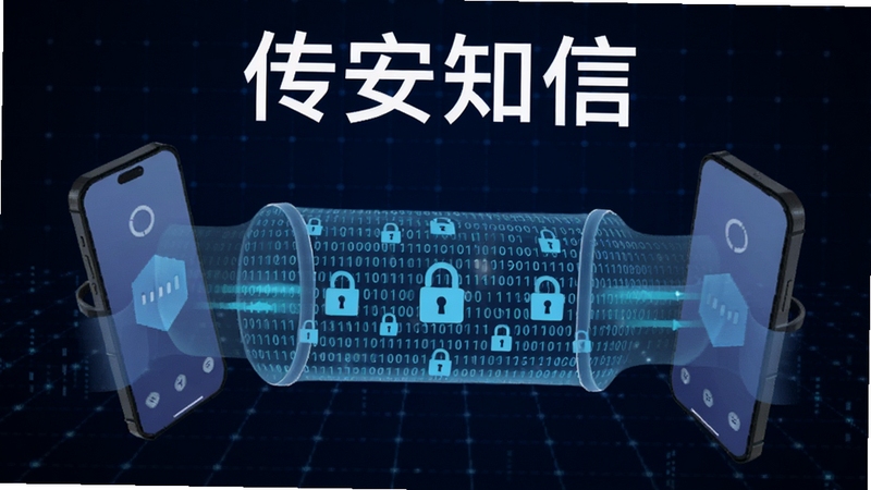 传安知信端到端加密通信功能展示图,画面中央为两部手机通过加密隧道传输数据的示意,隧道内布满二进制代码与锁形图案,背景为深蓝色科技网格,软件名称传安知信以白色字体显示于画面顶部,整体风格科技感十足,适配Boogu模型生成