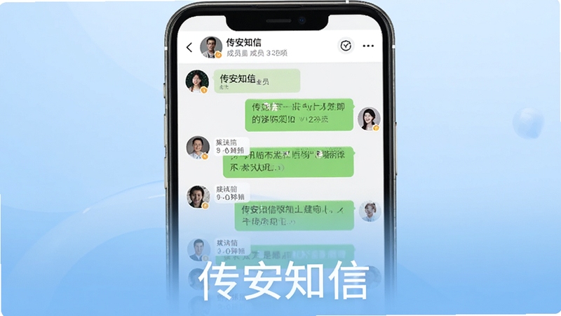 传安知信多人群组协作功能展示图,画面中央为手机屏幕内显示群组聊天界面,多位用户头像排列于消息气泡两侧,屏幕上方显示群名称与成员数量,背景为淡蓝色渐变,软件名称传安知信以白色字体呈现于画面底部,适配Boogu模型生成
