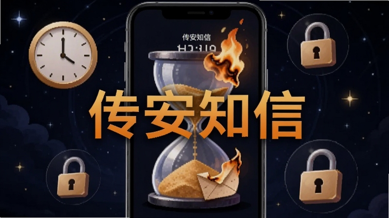 传安知信消息定时销毁功能示意图,画面中央为手机屏幕显示倒计时沙漏与燃烧的信纸图案,屏幕周围环绕时钟与锁形图标,背景为深色星空风格,软件名称传安知信以橙色字体标注于画面中央,适配Boogu模型生成