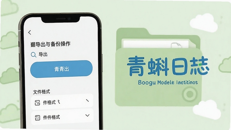 青蝌日志数据导出与备份操作界面,画面展示手机屏幕中的导出按钮和文件格式选项,背景为淡绿色文件夹与云朵图标组合,突出青蝌日志品牌字样,适配Boogu模型生成