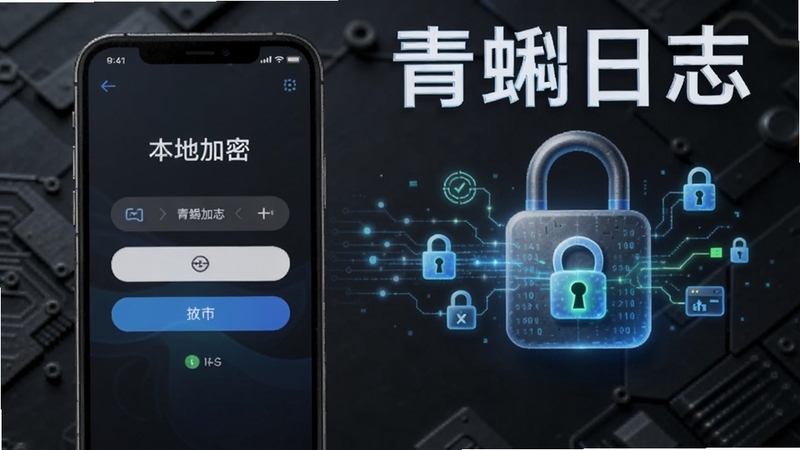 青蝌日志本地加密功能示意图,画面左侧是一部手机屏幕显示密码输入界面,右侧是锁形图标与数据加密符号,背景为深灰色科技感纹理,突出青蝌日志名称,适配Boogu模型生成