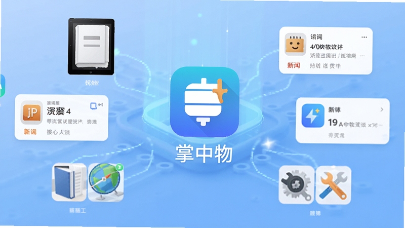 掌中物软件主界面全貌展示,画面中央为掌中物应用图标与名称,背景为柔和的渐变蓝色科技光效,四周环绕着电子书、资讯卡片、工具图标等元素,整体风格简洁明快,适配Boogu模型生成