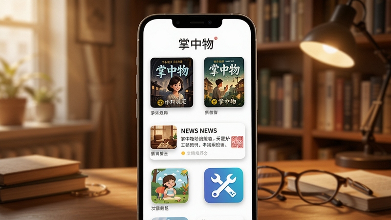 掌中物内容聚合功能展示图,画面中手机屏幕内排列着小说封面、新闻卡片、工具图标,背景为温馨的书房环境,突出掌中物名称与丰富内容,细节清晰,光影柔和