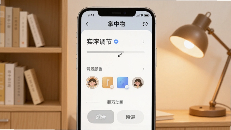 掌中物个性化阅读设置界面图,画面展示手机屏幕中字体调节、背景颜色选择、翻页动画选项,界面友好直观,背景为简约的书架与暖色台灯,体现掌中物名称