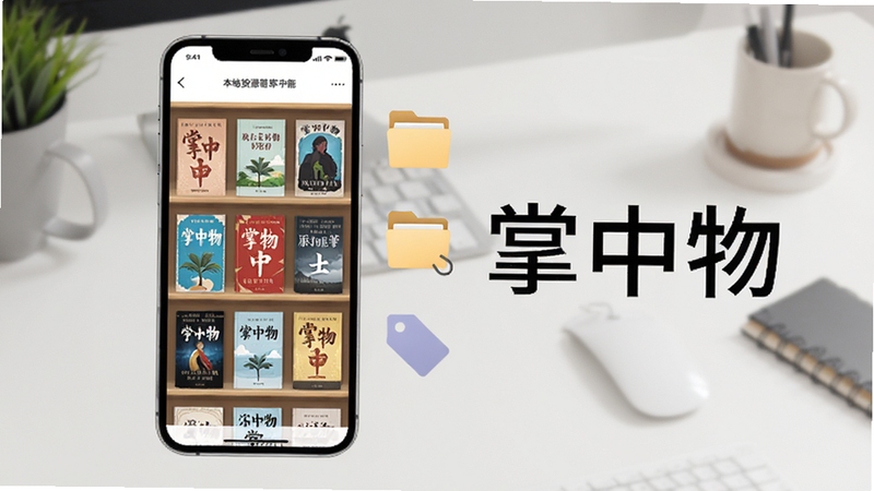 掌中物本地资源管理功能示意图,画面中手机屏幕显示书架网格,每本书籍封面清晰,旁边有文件夹与标签图标,背景为整洁的桌面,突出掌中物名称