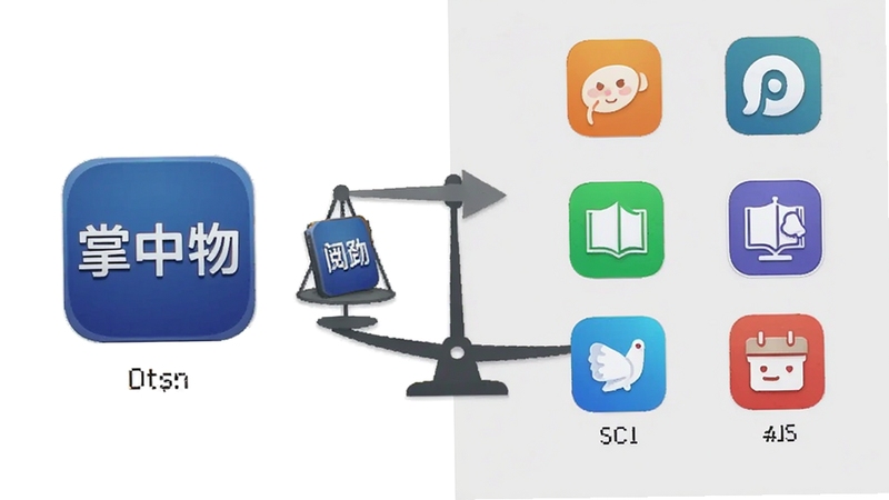 掌中物与同类软件对比示意图,画面左侧为掌中物图标,右侧为其他阅读应用图标,中间用天平或对比箭头连接,背景为简洁的白色与浅灰色,突出掌中物名称与功能优势