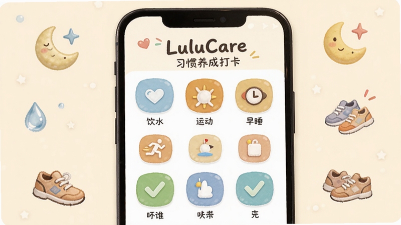 LuluCareϰ�����ɴ򿨽��棬����չʾ�ֻ���Ļ����������ˮ���˶�����˯�ȴ�ͼ�꣬����ɵ���Ŀ��ʾ��ɫ�Թ�����������͵��׻�ɫ����Χ��ˮ�Ρ��������ܲ�Ь��Сͼ�꣬������ɻ���