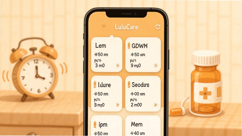 LuluCare������ҩ���ѹ��ܽ��棬����չʾ�ֻ���Ļ�������Ŷ��ҩƷ���ѿ�Ƭ��ÿ�ſ�Ƭ����ҩ����ʱ��ͼ�����Ϣ����������ܰ��ůɫ�����Ա������Ӻ�ҩƿ�Ĳ廭Ԫ�أ������ʵ��