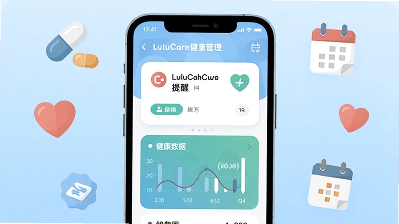 LuluCare��������Ӧ��������չʾ������������һ�����������ֻ���Ļ����Ļ����ʾ����ҩ���ѿ�Ƭ�ͽ�������ͼ������������͵�ǳ��ɫ���䣬��Χ��׺��ҩ�衢���ġ������ȱ�ƽ��ͼ�꣬�������������죬����Booguģ������
