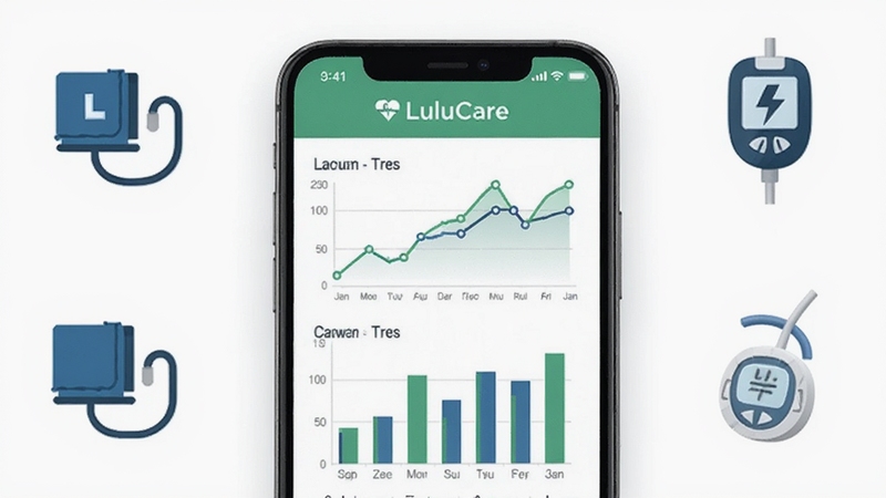 LuluCare�������ݼ�¼���棬�����������ֻ���Ļ��ʾ����ͼ����״ͼ��ͼ����ɫΪ��ɫ����ɫ�������Ǹɾ��İ�ɫ����Χ��Ѫѹ�ơ�Ѫ���ǵ�ҽ��ͼ���׺���������רҵ�����õ��Ӿ�Ч��