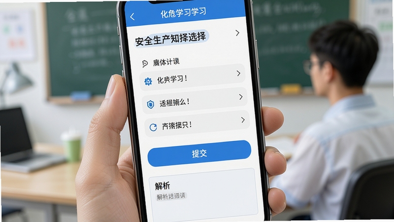 化危为安软件答题界面展示,手机屏幕上显示一道安全生产知识选择题与四个选项,下方有提交按钮和解析区域,界面简洁清爽,配色以蓝白为主,突出教育学习氛围