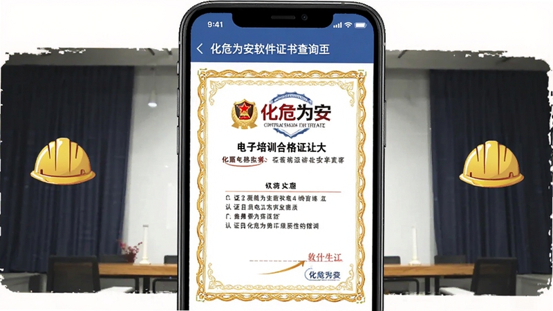 化危为安软件证书查询页面展示,手机屏幕呈现一张电子培训合格证书,证书上有化危为安的标识与认证信息,周围点缀金色边框与安全帽图标,整体庄重且具有权威感