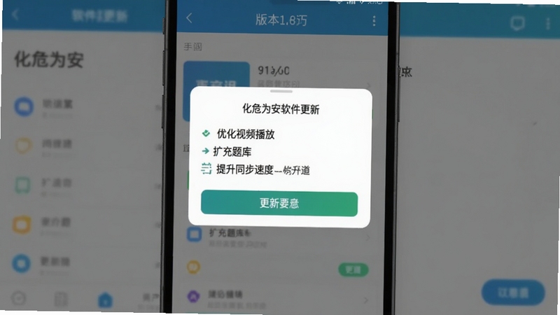化危为安软件更新版本界面截图,手机屏幕上显示版本更新弹窗,内容列出优化视频播放、扩充题库、提升同步速度等更新要点,背景为软件主界面,风格简洁直观