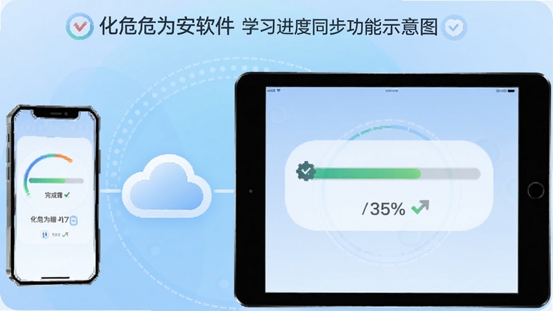 化危为安软件学习进度同步功能示意图,画面中一部手机与一台平板电脑之间用云朵图标连接,设备屏幕上均显示学习进度条和完成百分比,背景为柔和的渐变蓝色,象征数据安全传输