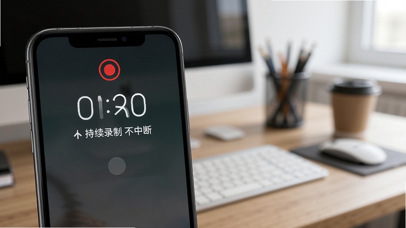 专业手机录音机后台录制功能示意图,手机锁屏状态下顶部显示红色录音标识,背景为模糊的办公桌面环境,突出持续录制不中断的特点