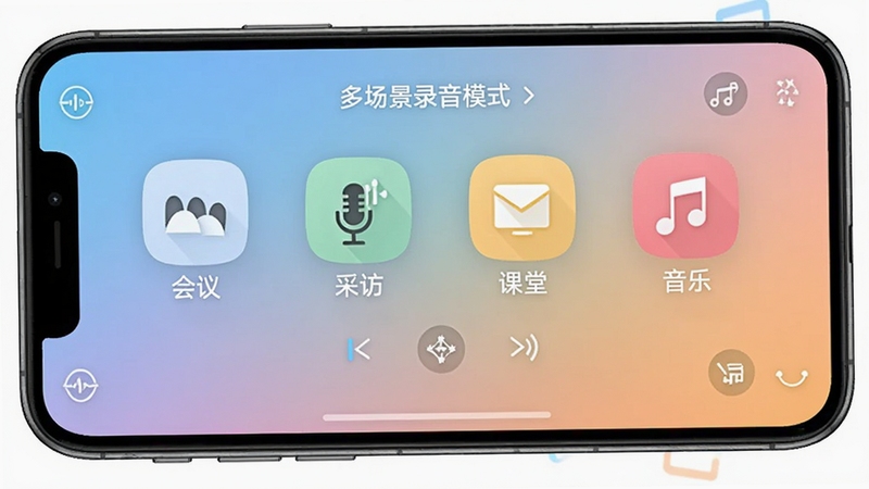 专业手机录音机多场景录音模式选择界面,手机屏幕显示会议、采访、课堂、音乐等模式图标,背景为柔和渐变色彩,体现功能多样性