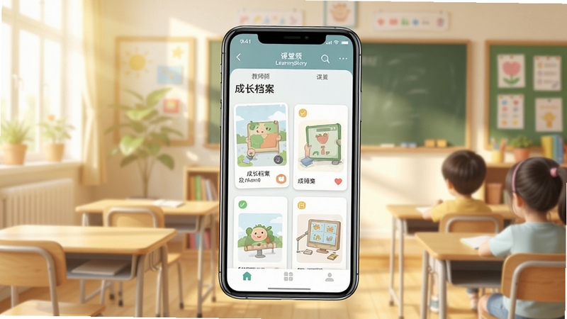 LearningStory 教师端软件主界面展示,画面中央为手机屏幕,屏幕内呈现课堂观察记录页面与成长档案卡片,背景为明亮温馨的教室环境,整体色调清新柔和,适配Boogu模型生成