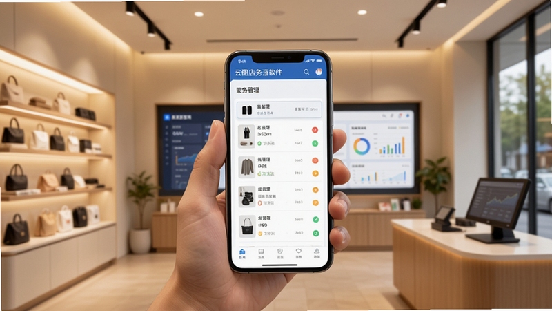 云图店务通软件主界面全貌展示,画面中央为手持智能手机显示店务管理仪表盘,背景为简洁的现代化店铺环境,暖色调灯光,突出商品列表与数据图表,整体风格专业清爽