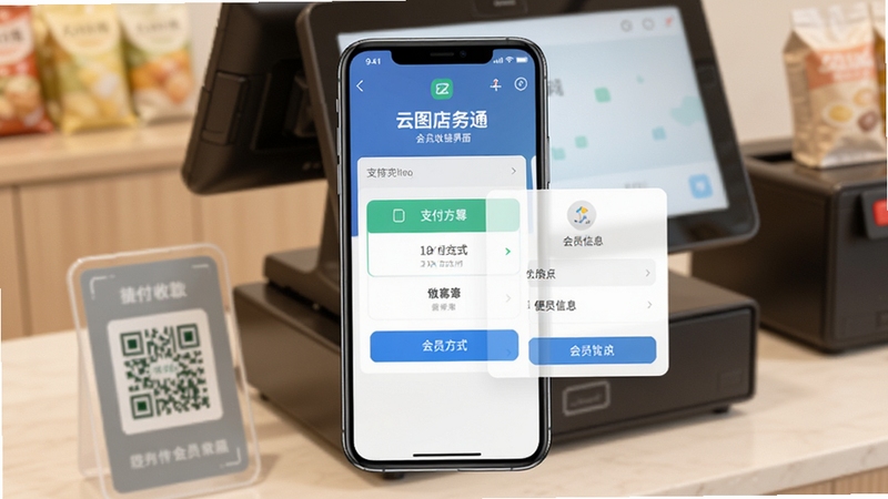 云图店务通会员收银界面展示,手机屏幕显示支付方式选择与会员信息弹窗,背景为收银台场景,有扫码支付标识,画面色彩柔和,突出便捷收款功能