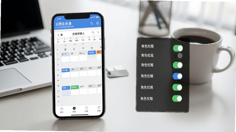 云图店务通员工排班与权限设置界面,手机屏幕显示日历排班视图和角色权限开关,背景为办公室桌面,有笔记本和咖啡杯,画面简约商务