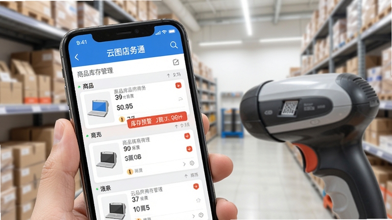 云图店务通商品库存管理界面特写,手机屏幕显示商品列表与库存预警标识,旁边有扫码枪和货架背景,画面明亮清晰,体现高效管理场景