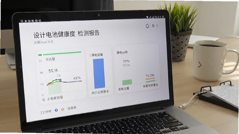 笔记本电脑电池健康度检测报告截图,显示设计容量与满电容量对比,办公桌面场景,简约风格