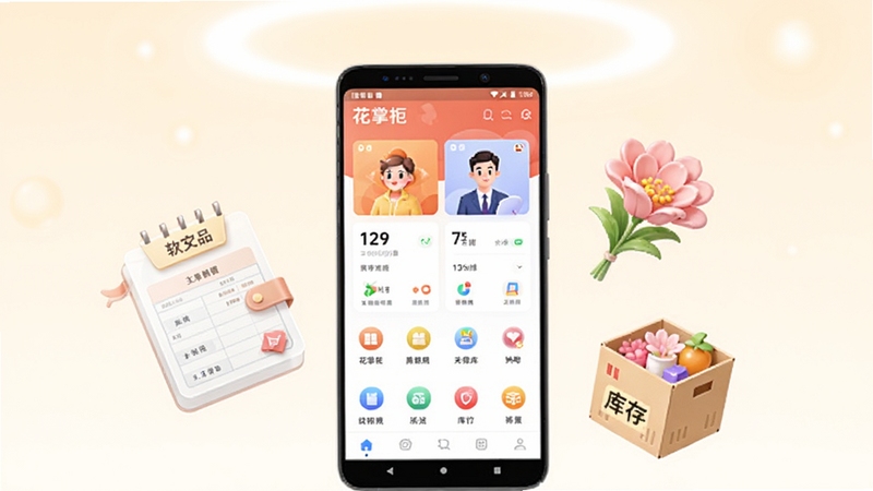 软件名称花掌柜+主视觉预览图,画面中央放置一部安卓手机,屏幕显示花掌柜应用主界面,界面包含店铺数据卡片和功能图标;手机左右两侧悬浮半透明的账本、鲜花、库存箱元素;背景为浅米色渐变,顶部有柔和光晕,整体风格干净明快,适配Boogu模型生成。