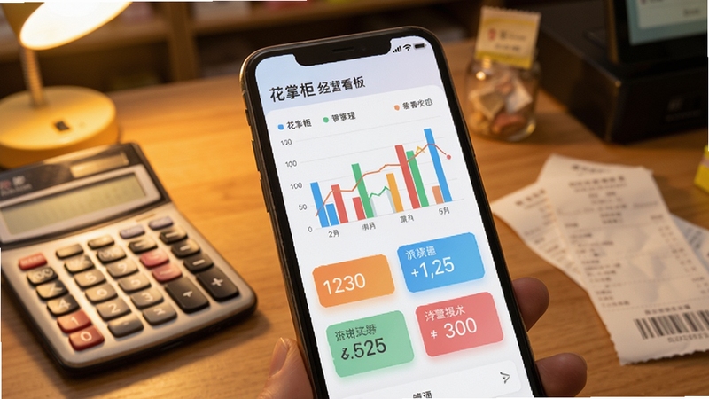 花掌柜应用内经营数据看板特写,手机屏幕显示彩色柱状图与数字卡片,背景是虚化的店铺柜台场景,桌面上有计算器和票据,光线温暖,突出数据管理氛围。
