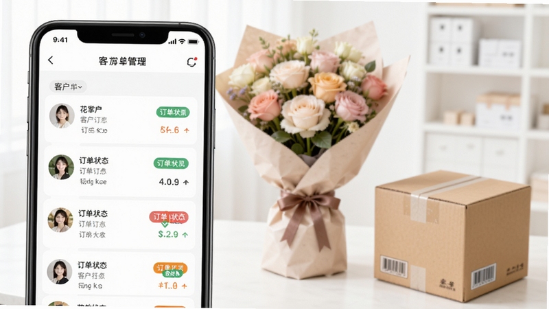 花掌柜客户订单管理界面示意图,手机屏幕显示客户列表和订单状态标签,背景有包装好的花束和快递盒,画面明亮整洁,突出订单跟进场景。