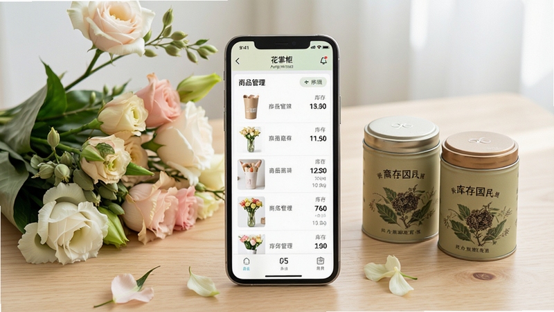 花掌柜库存管理界面展示图,画面中手机屏幕显示商品列表和库存数字,旁边有鲜花和茶叶罐作为装饰道具,背景为浅木色桌面,整体色调清新自然,体现商品管理场景。