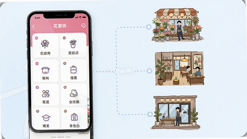 花掌柜应用界面与经营场景合成图,画面左侧是手机屏幕显示花掌柜功能模块,右侧是花店、茶室、门窗店三个场景的简笔插画,中间用虚线连接,背景为淡蓝色渐变,整体风格简洁商务。
