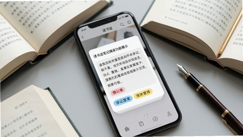 ���鼣�ʼ�ժ¼����չʾ����������Ϊ�ֻ���Ļ��ʾһ��ժ¼��Ƭ����Ƭ�������ֶ���Ͳ�ɫ��ǩ����Ļ�Ա�ɢ���ż����������鼮��һ֧�ʣ�����Ϊǳ��ɫ���棬�������������£�ͻ�����鼣�ıʼǼ�¼����