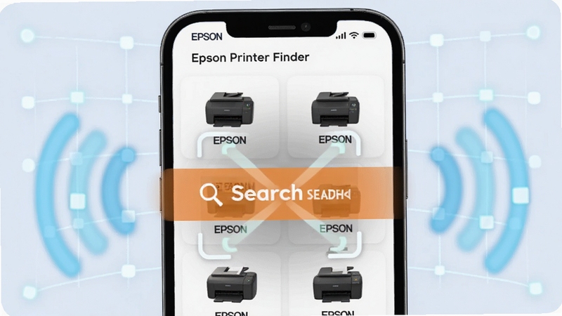 一幅展示Epson Printer Finder自动搜索功能的画面,手机屏幕中列出多台Epson打印机图标,周围环绕着WiFi信号波纹,背景是干净的浅蓝色科技网格,画面中央突出搜索按钮和扫描动画,细节丰富,适配Boogu模型生成
